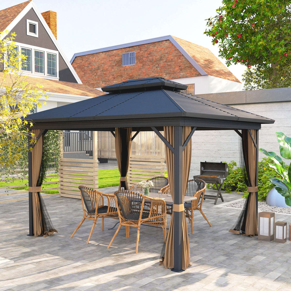 10' x 12' Hardtop Gazebo with Double Roof & Mosquito Netting, Dark Brown