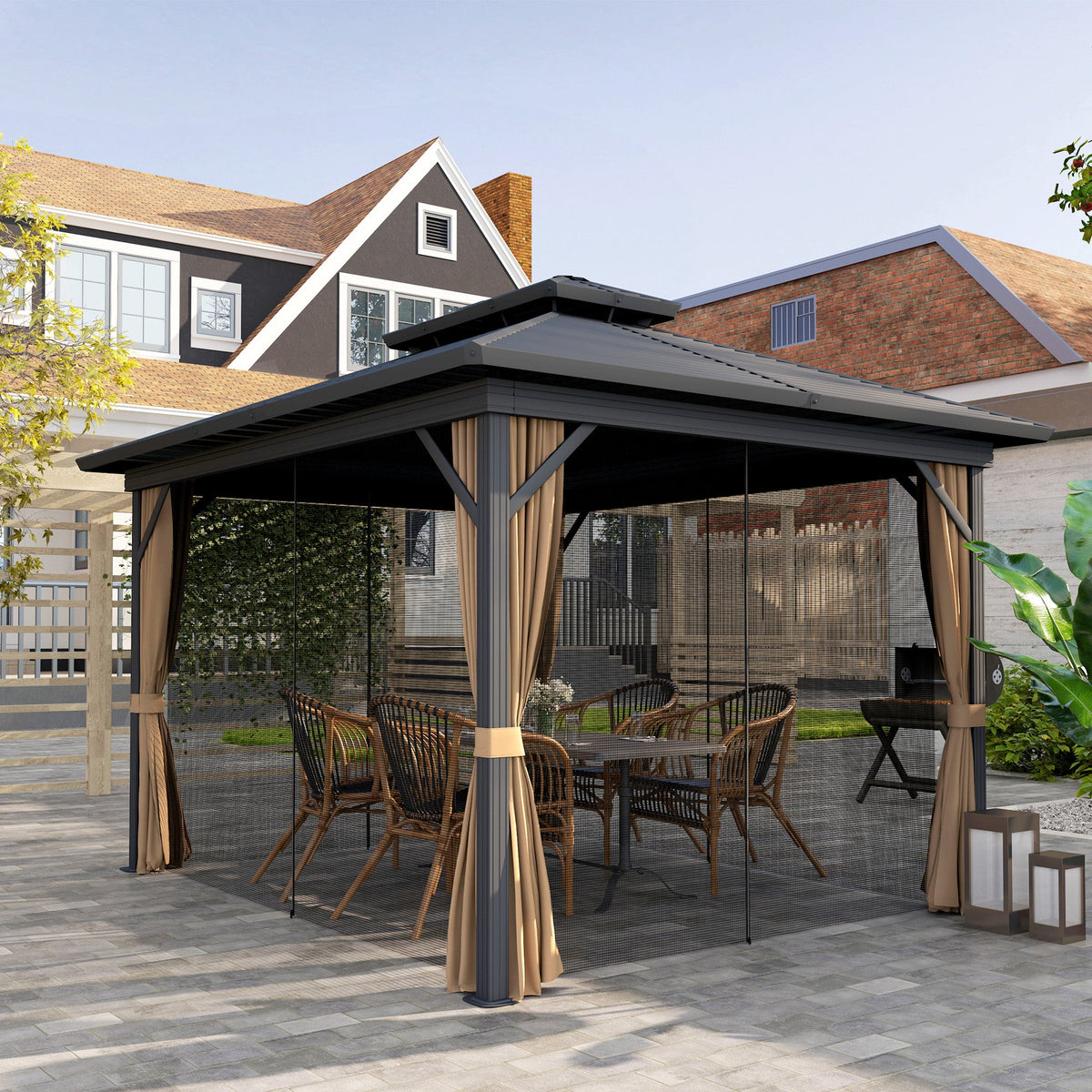 10' x 12' Hardtop Gazebo with Double Roof & Mosquito Netting, Dark Brown