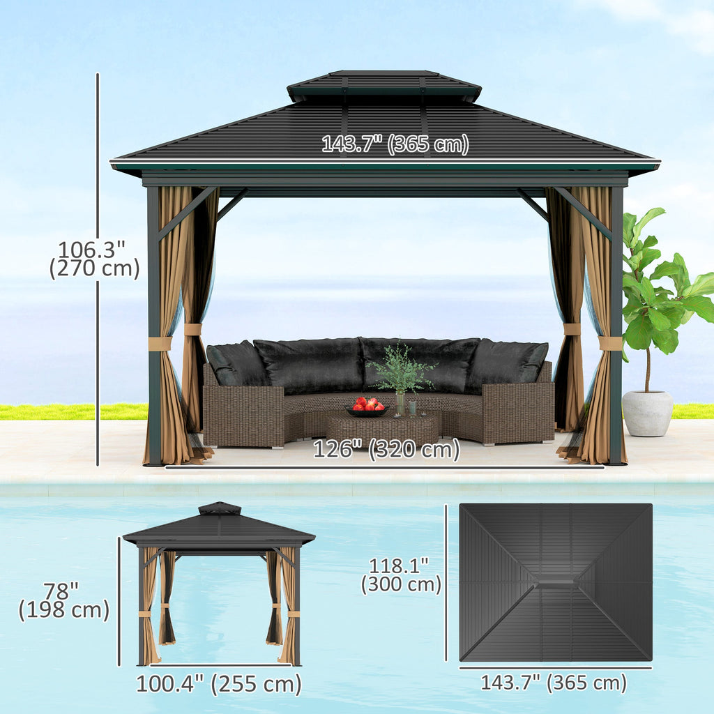 10' x 12' Hardtop Gazebo with Double Roof & Mosquito Netting, Dark Brown