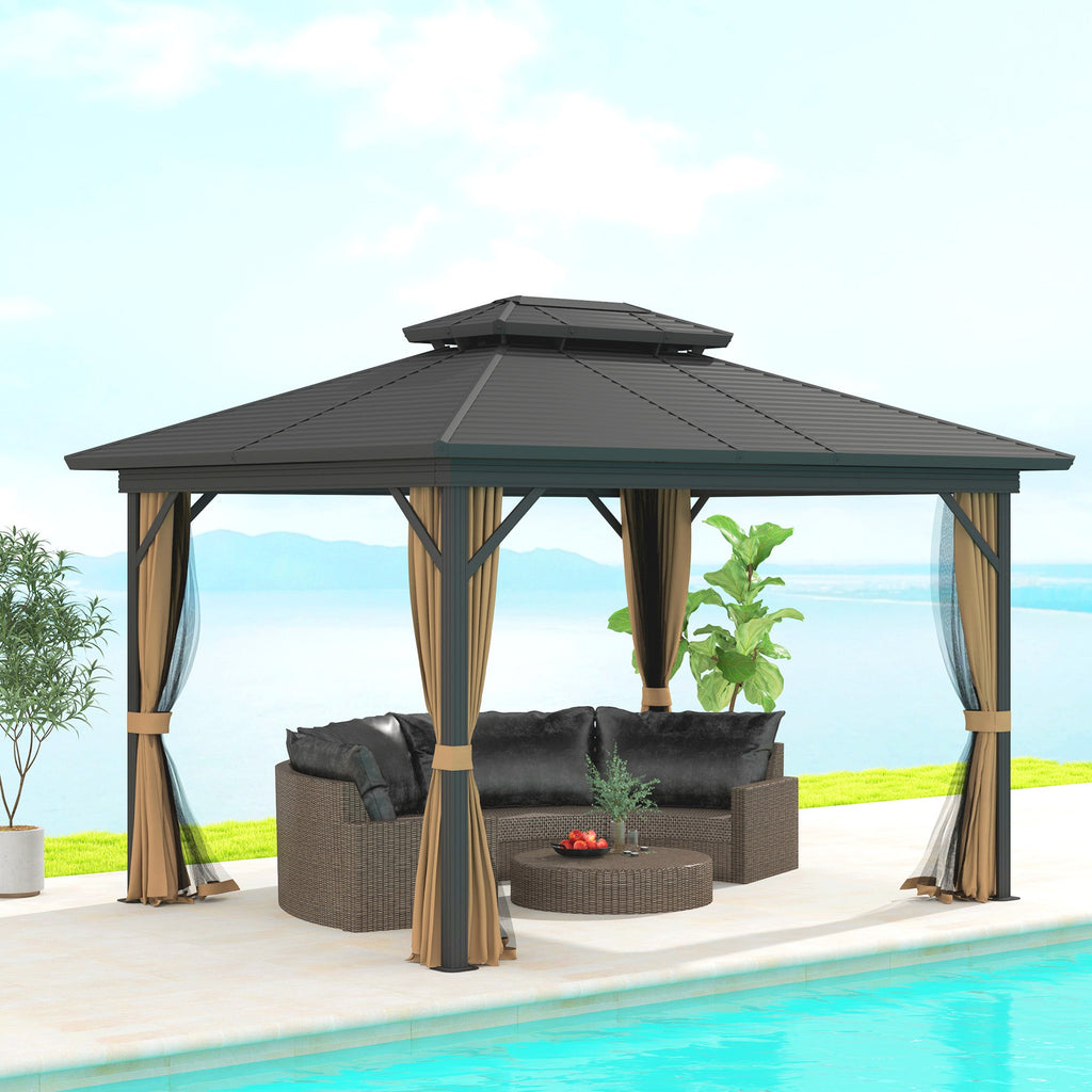 10' x 12' Hardtop Gazebo with Double Roof & Mosquito Netting, Dark Brown