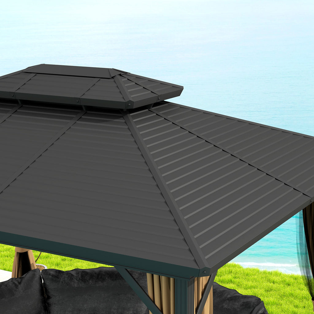 10' x 12' Hardtop Gazebo with Double Roof & Mosquito Netting, Dark Brown