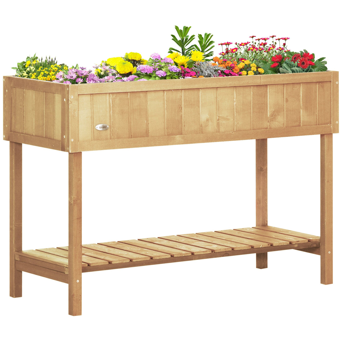 Wooden Raised Bed with Storage Shelf & 8 Pockets, 43" x 18" x 30", Natural