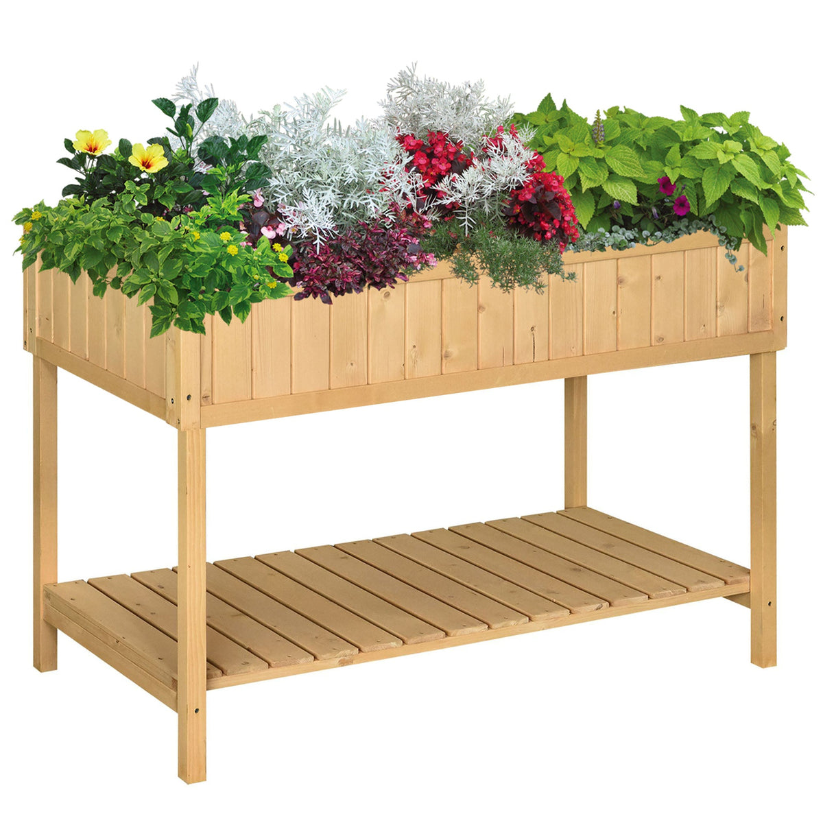 Wooden Raised Bed with Storage Shelf & 8 Pockets, 43" x 18" x 30", Natural