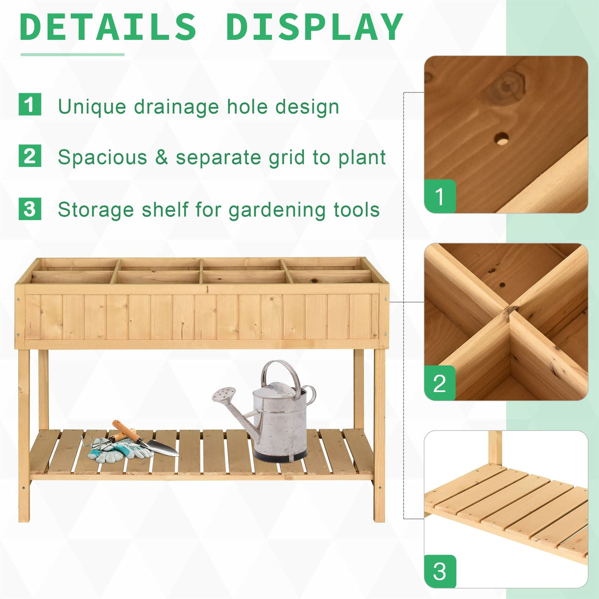 Wooden Raised Bed with Storage Shelf & 8 Pockets, 43" x 18" x 30", Natural