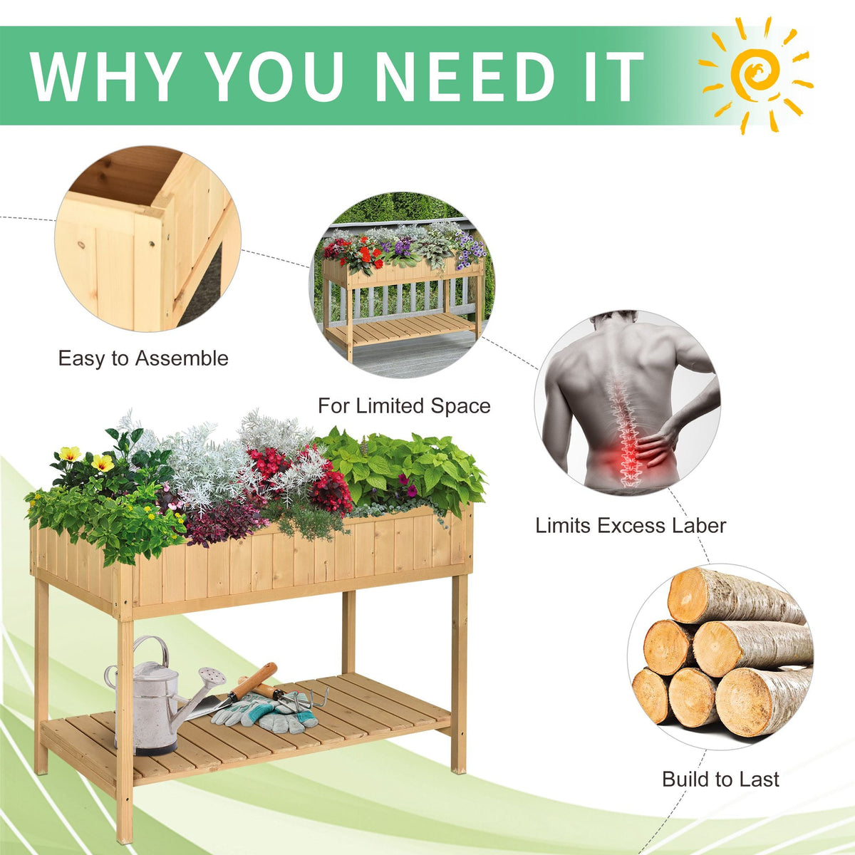 Wooden Raised Bed with Storage Shelf & 8 Pockets, 43" x 18" x 30", Natural