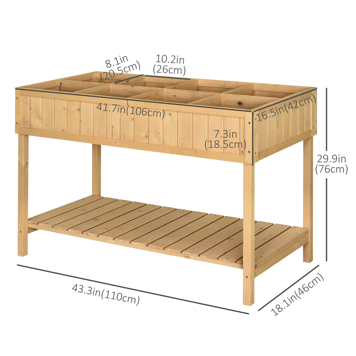 Wooden Raised Bed with Storage Shelf & 8 Pockets, 43" x 18" x 30", Natural