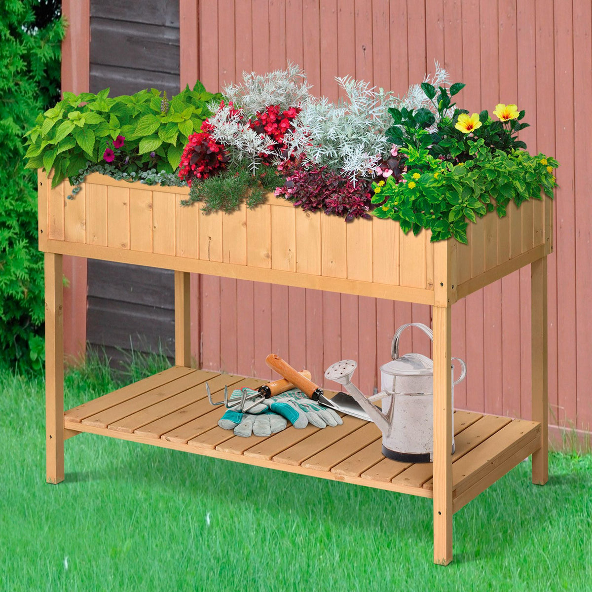 Wooden Raised Bed with Storage Shelf & 8 Pockets, 43" x 18" x 30", Natural