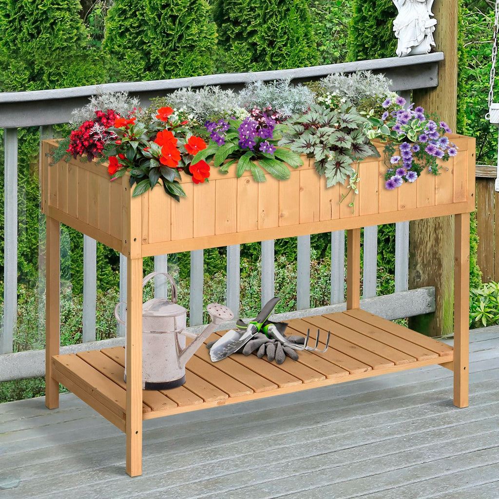 Wooden Raised Bed with Storage Shelf & 8 Pockets, 43" x 18" x 30", Natural