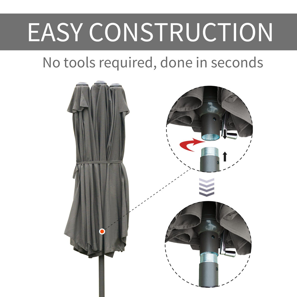 15' Twin Canopy Patio Umbrella with Crank & Cross Base, Dark Grey