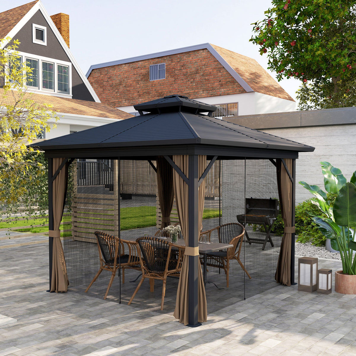 10' x 10' Hardtop Gazebo with Double Roof & Mosquito Netting, Dark Brown