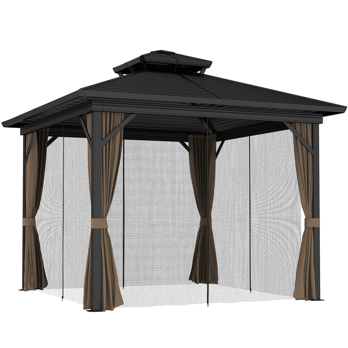 10' x 10' Hardtop Gazebo with Double Roof & Mosquito Netting, Dark Brown