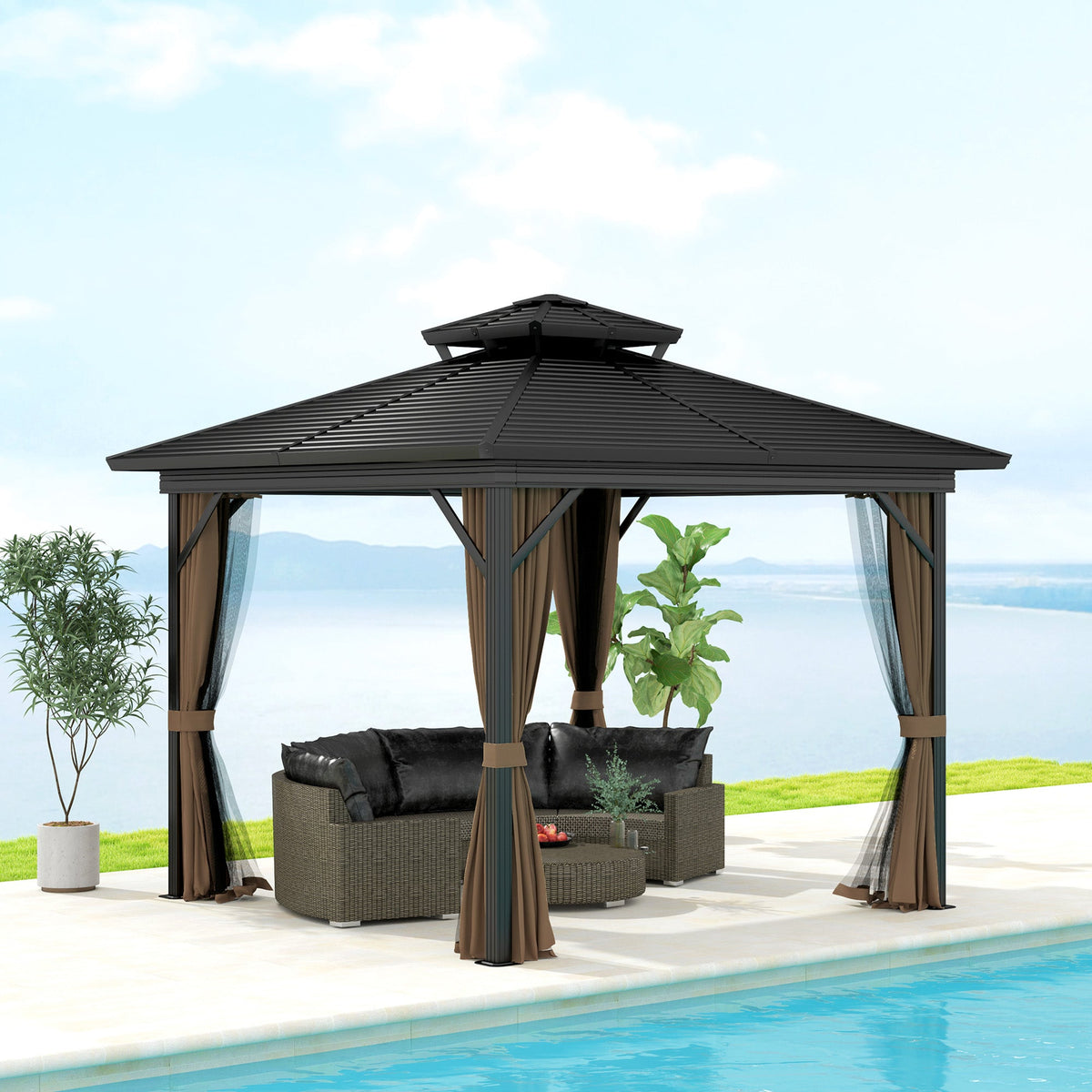 10' x 10' Hardtop Gazebo with Double Roof & Mosquito Netting, Dark Brown