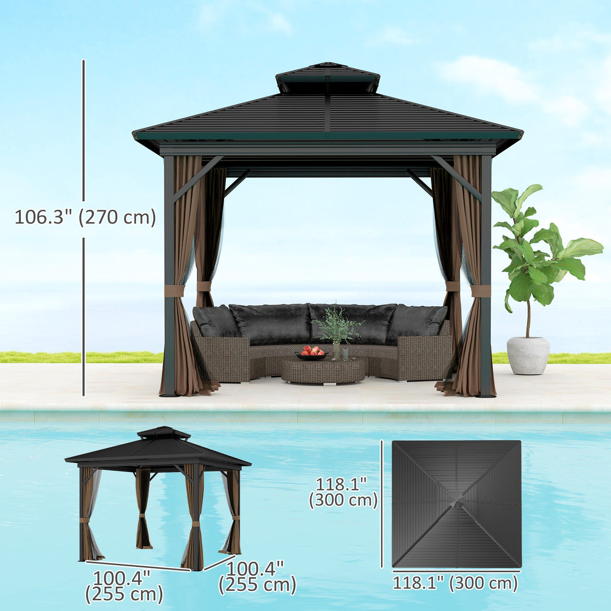 10' x 10' Hardtop Gazebo with Double Roof & Mosquito Netting, Dark Brown