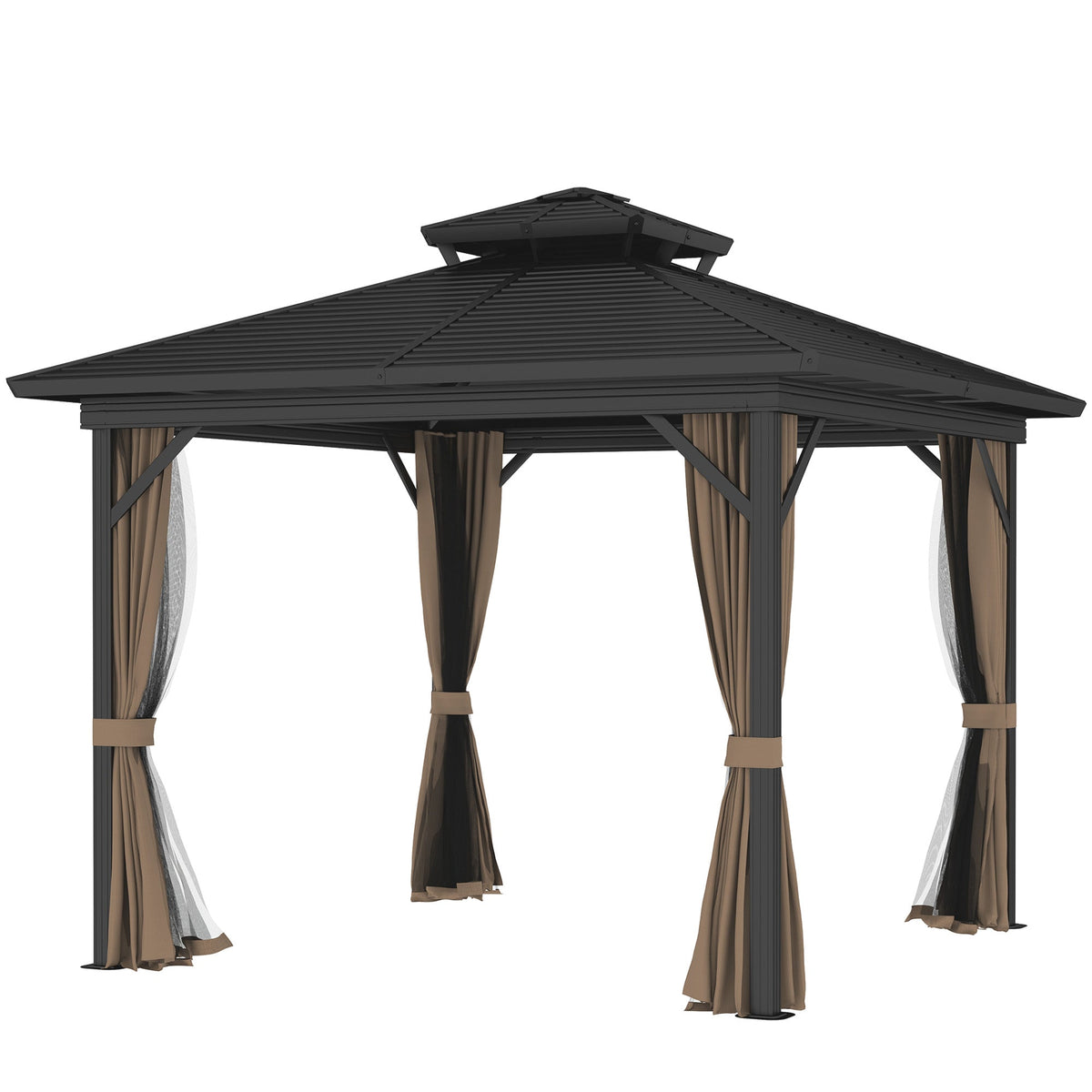 10' x 10' Hardtop Gazebo with Double Roof & Mosquito Netting, Dark Brown
