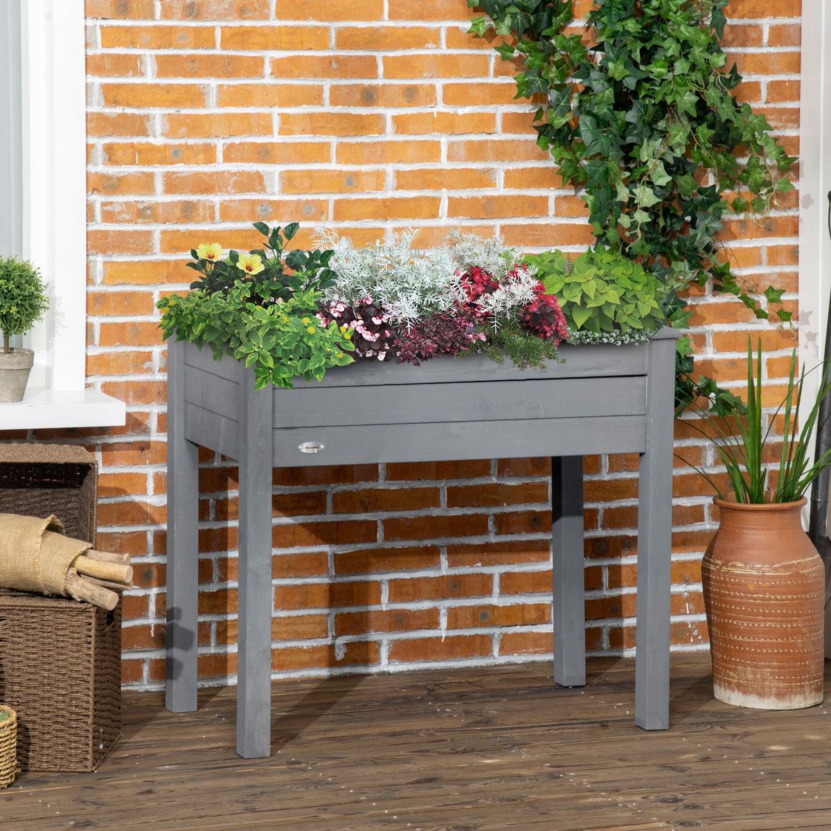 Wooden Raised Garden Bed with Inner Bag, 34" x 18" x 30", Dark Grey