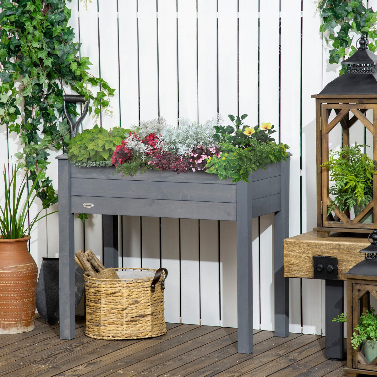 Wooden Raised Garden Bed with Inner Bag, 34" x 18" x 30", Dark Grey