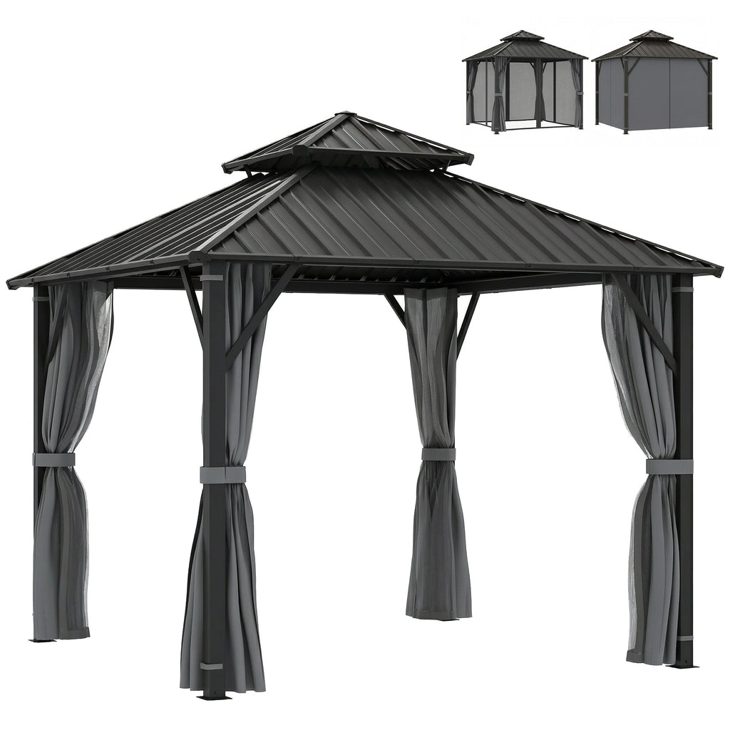 3 x 3 m Hardtop Gazebo with Double Metal Roof, Netting & Curtains, Grey