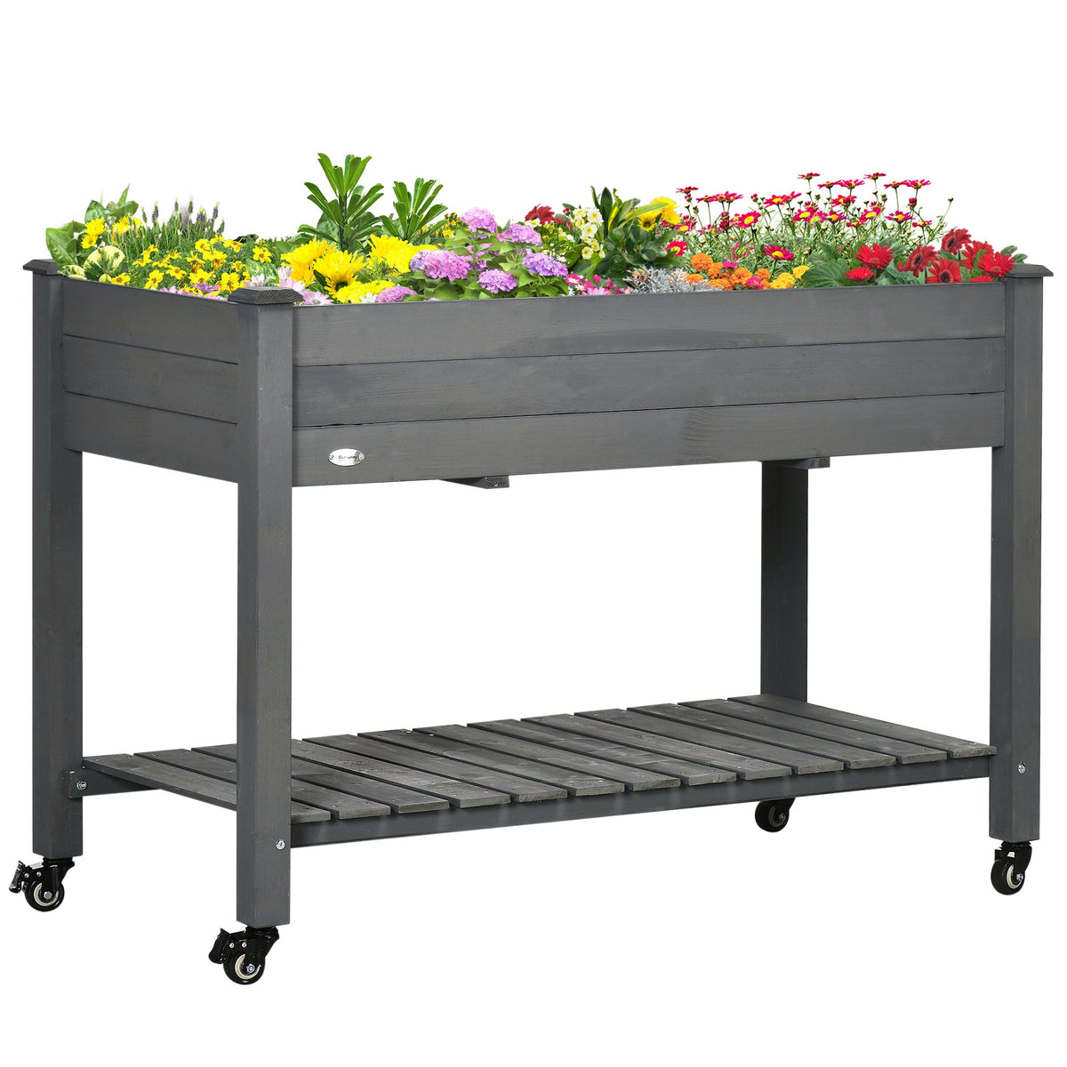 Raised Garden Bed with Lockable Wheels & Shelf, Dark Grey