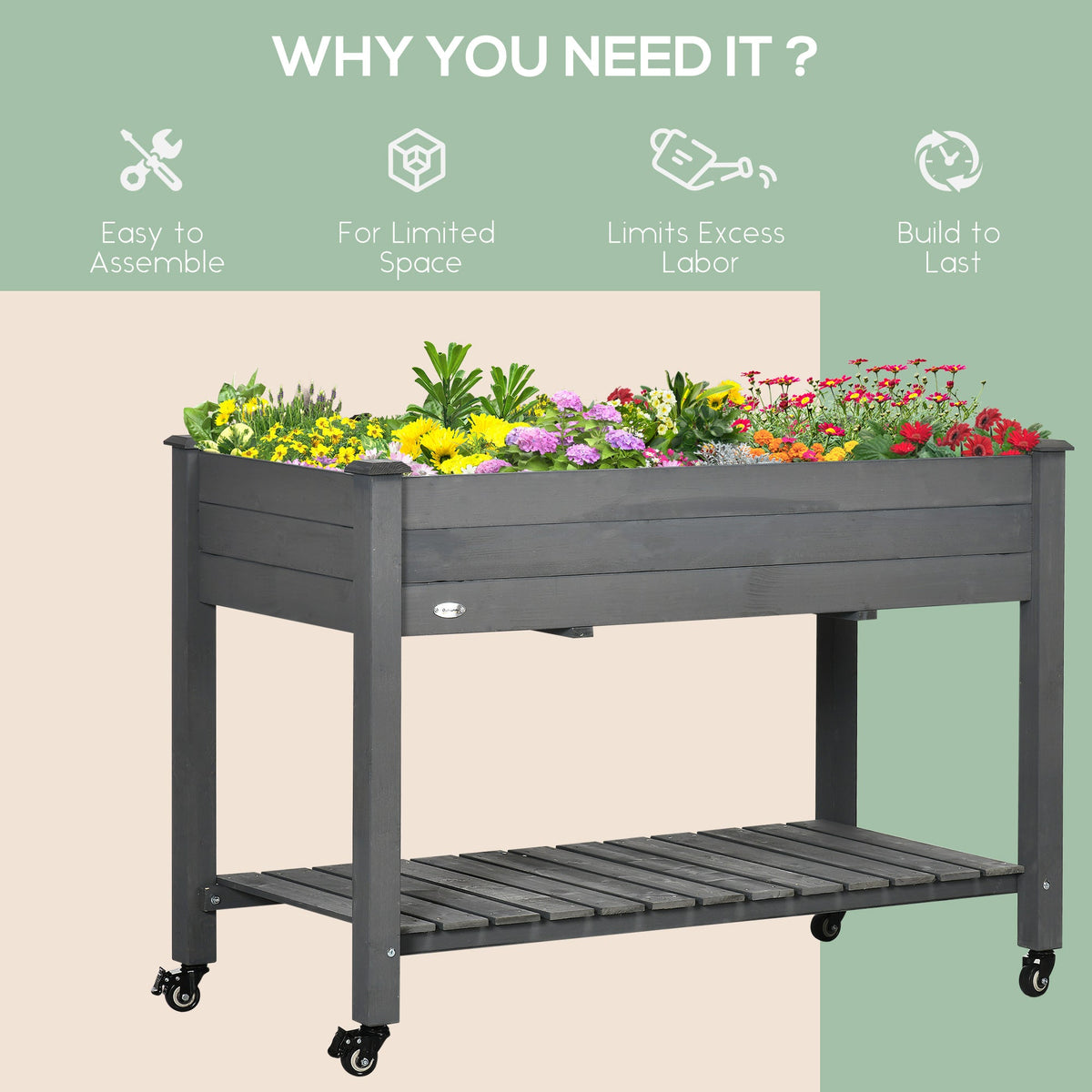 Raised Garden Bed with Lockable Wheels & Shelf, Dark Grey