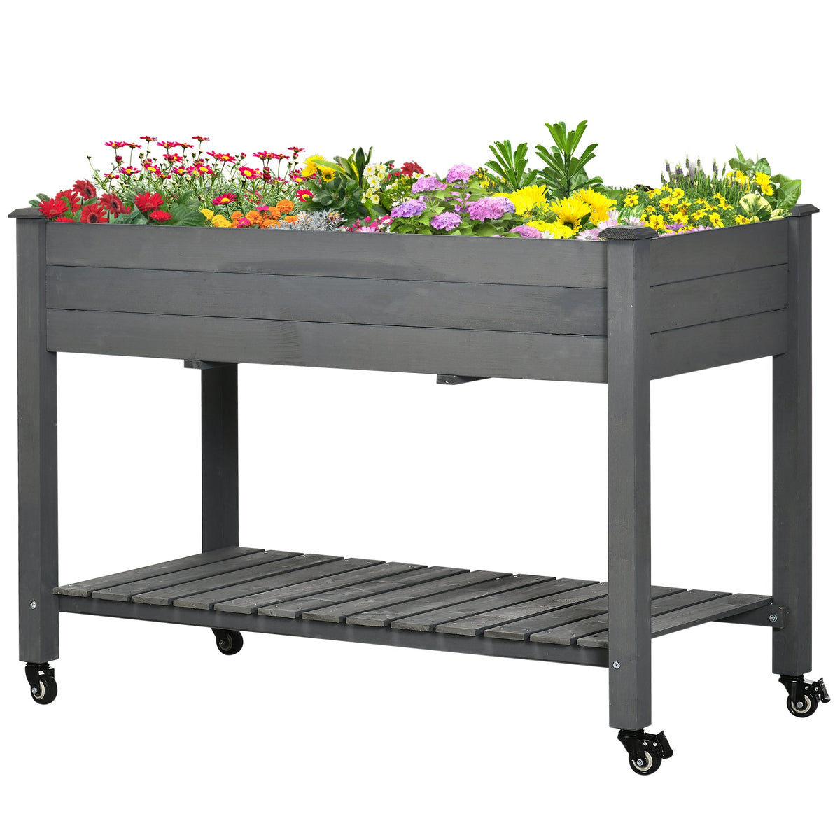 Raised Garden Bed with Lockable Wheels & Shelf, Dark Grey