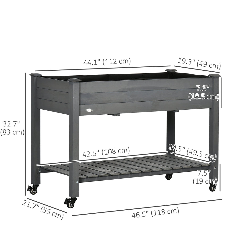 Raised Garden Bed with Lockable Wheels & Shelf, Dark Grey