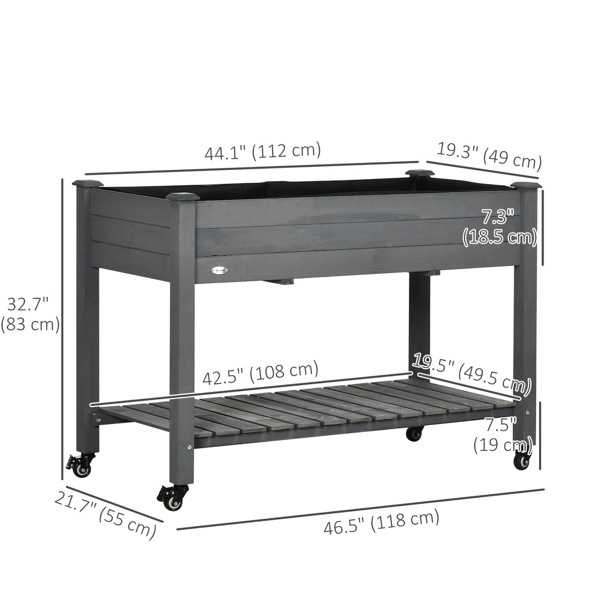 Raised Garden Bed with Lockable Wheels & Shelf, Dark Grey