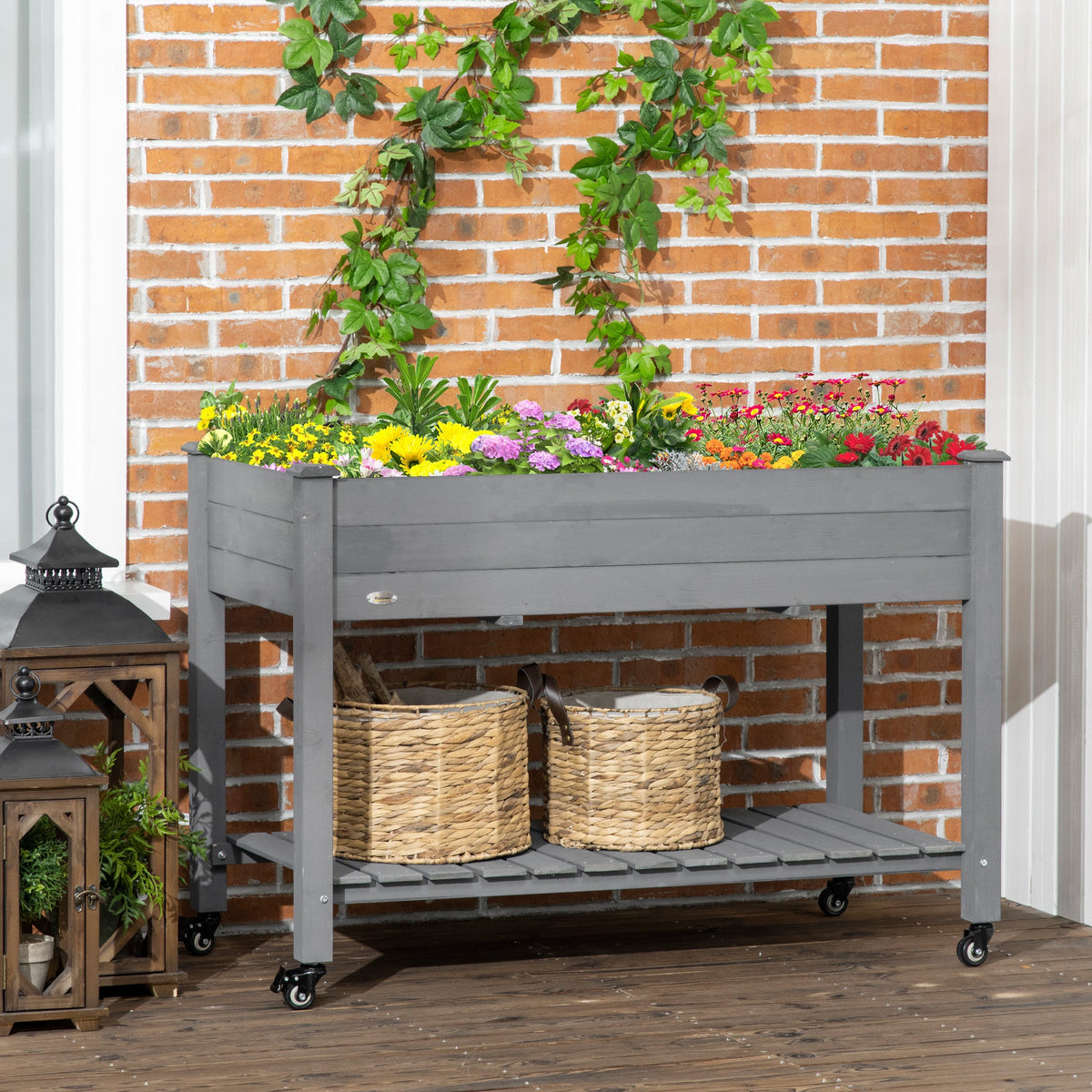 Raised Garden Bed with Lockable Wheels & Shelf, Dark Grey