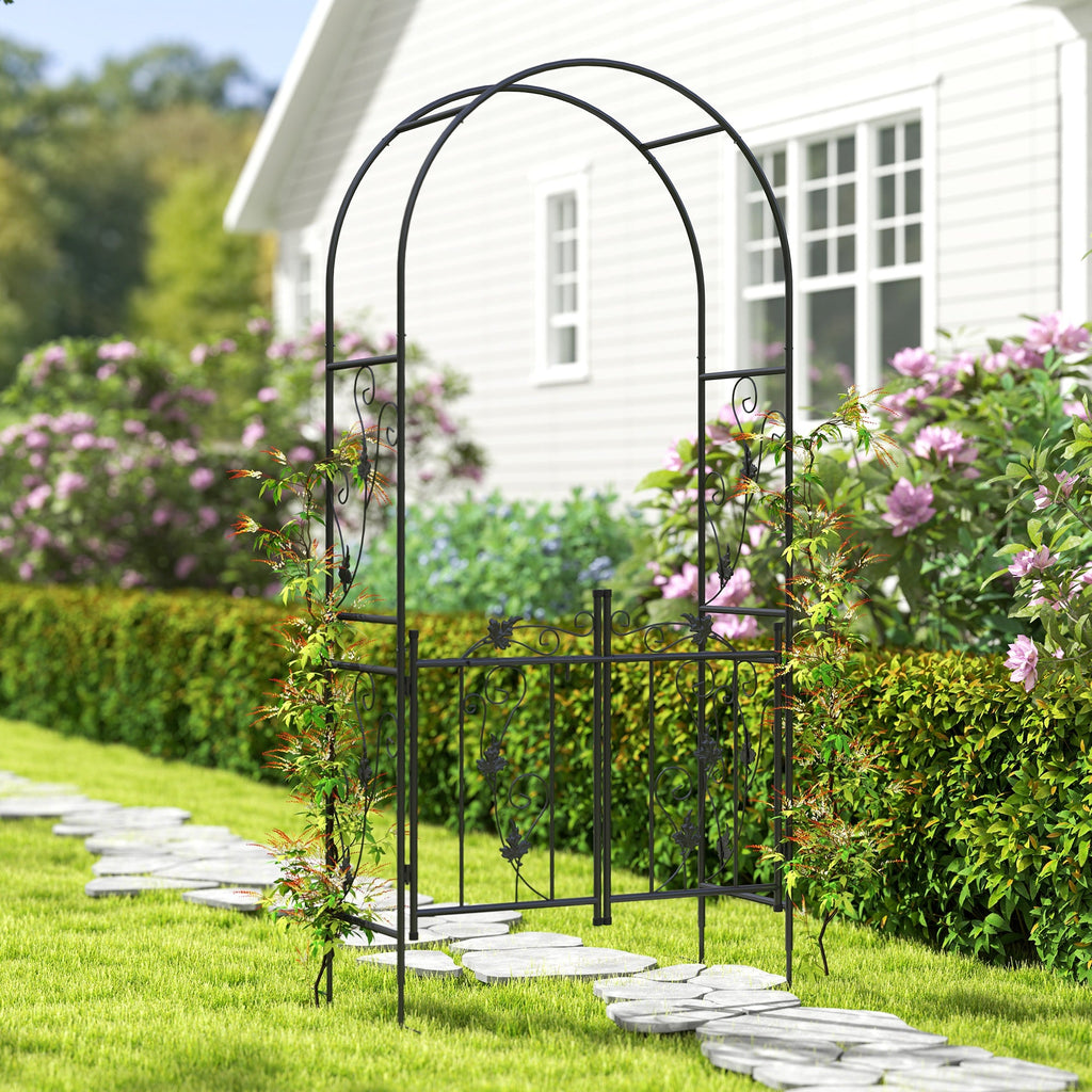 7ft Steel Garden Arch with Gate, Garden Arbor Trellis for Climbing Plants, Roses, Vines, Wedding Arch for Outdoor, Garden, Lawn, Backyard, Black