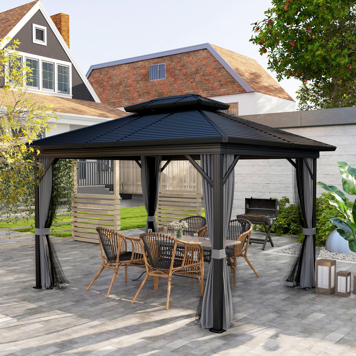 10' x 12' Hardtop Gazebo with Double Roof & Mosquito Netting, Light Grey