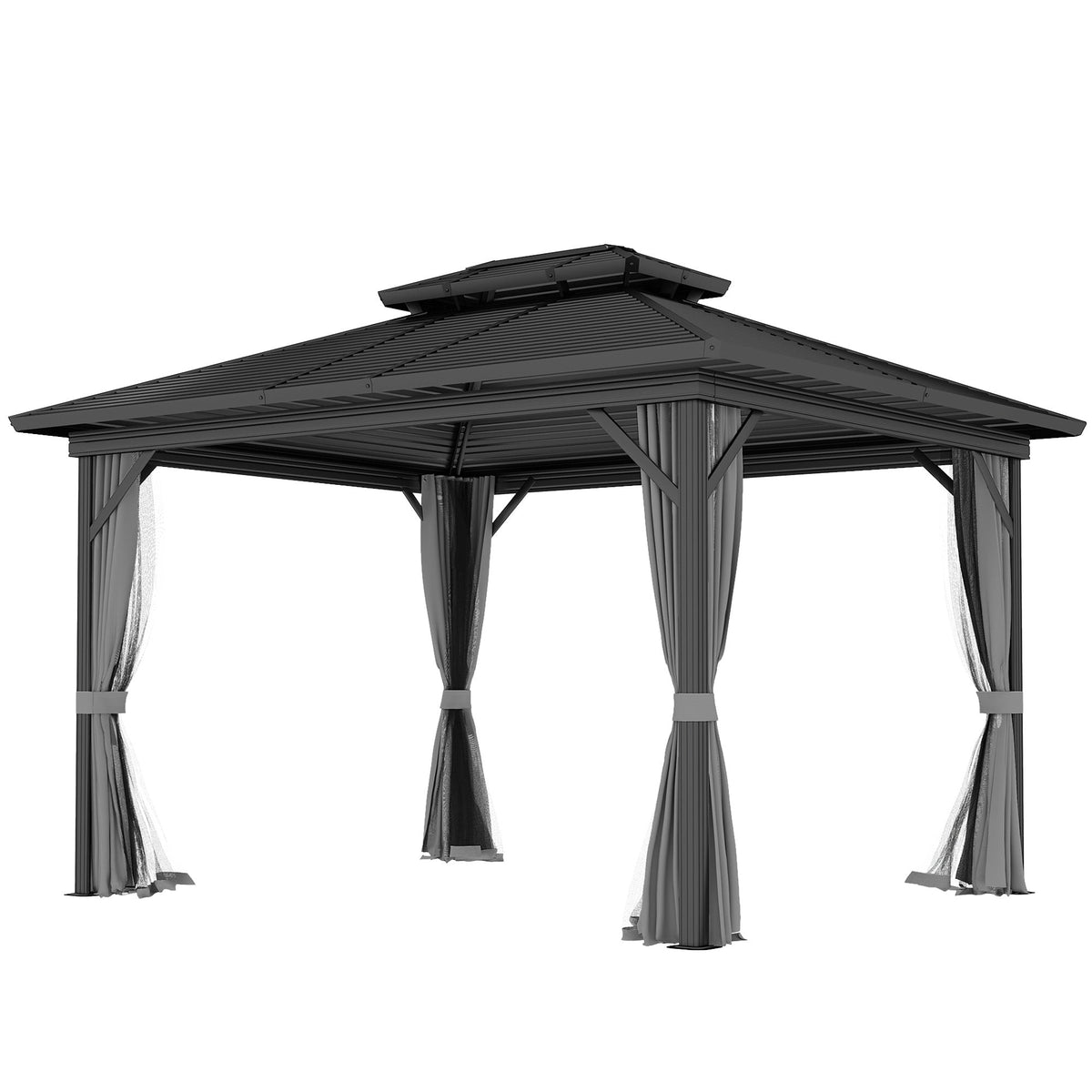 10' x 12' Hardtop Gazebo with Double Roof & Mosquito Netting, Light Grey