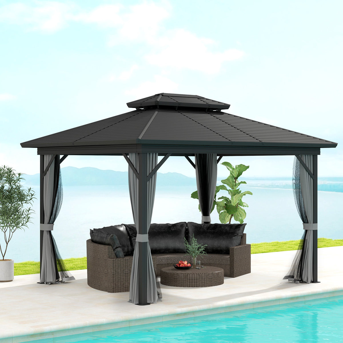 10' x 12' Hardtop Gazebo with Double Roof & Mosquito Netting, Light Grey