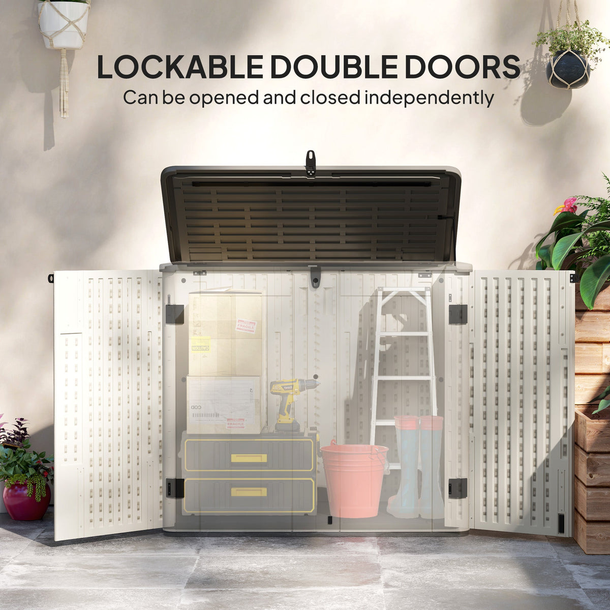 185 Gallon Waterproof Deck Box with Openable Top & Lockable Doors