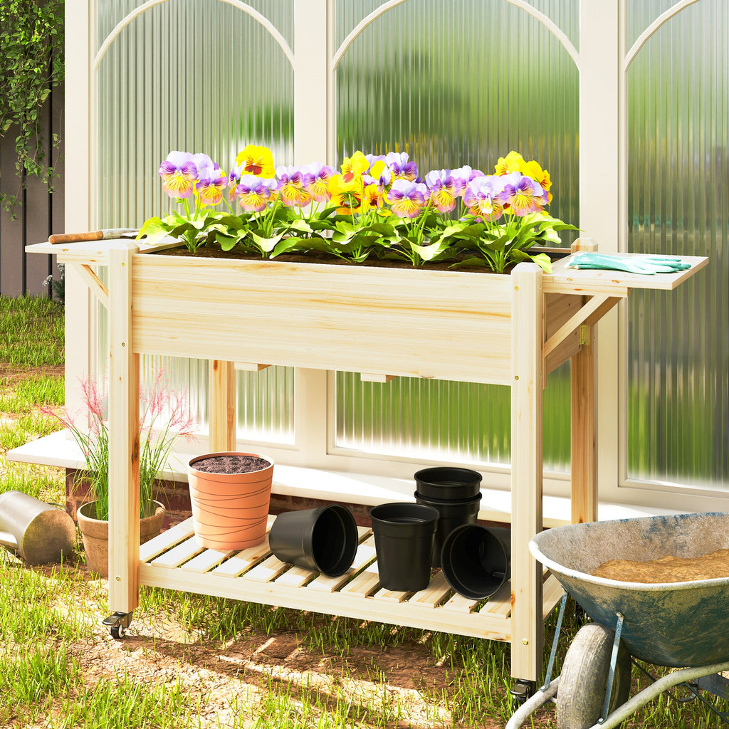 Elevated Wood Raised Garden Bed with Lockable Wheels & Foldable Side Tables, Natural