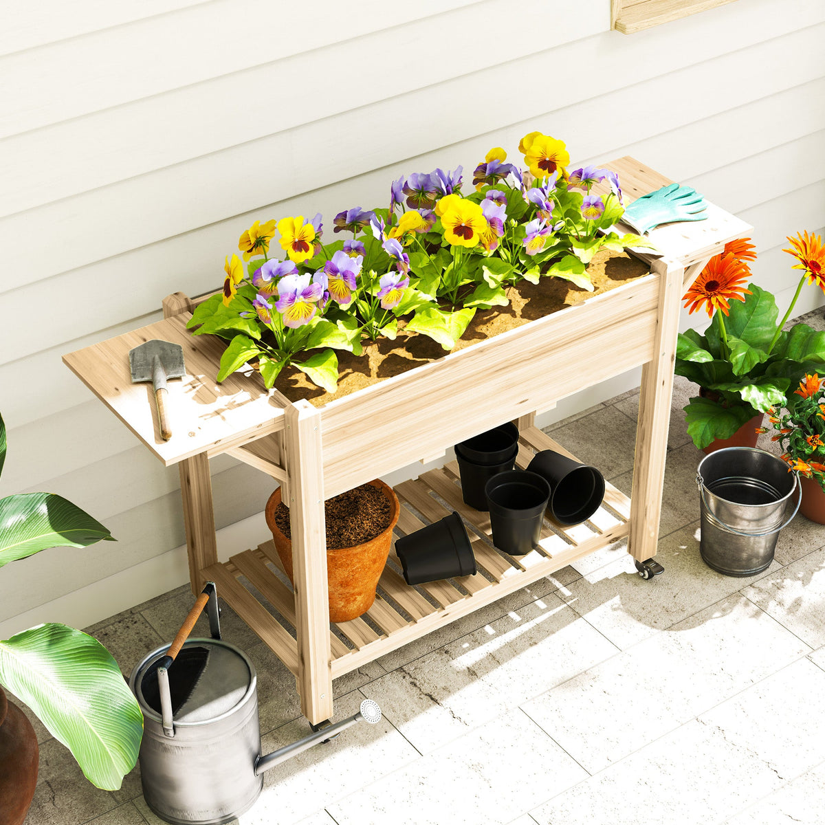 Elevated Wood Raised Garden Bed with Lockable Wheels & Foldable Side Tables, Natural