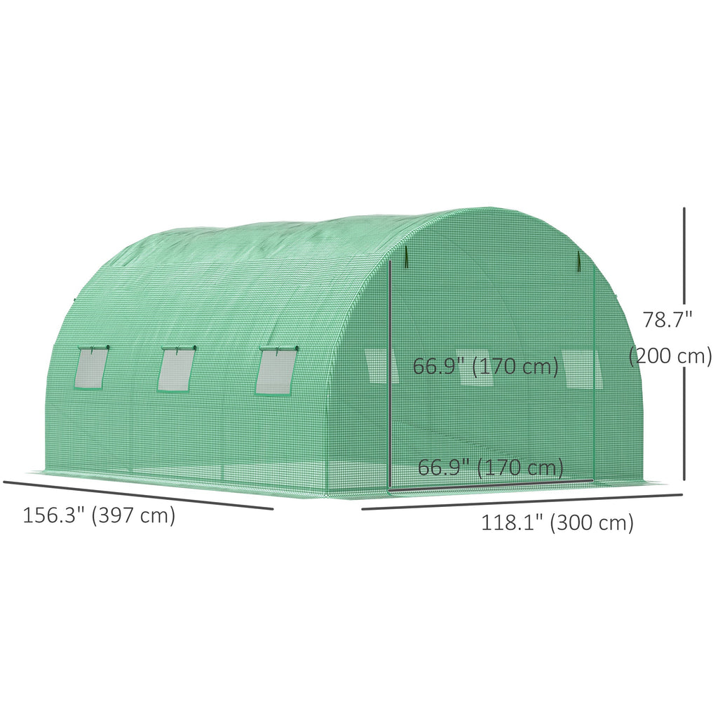 13' x 10' x 6.6'  Walk-in Polytunnel Greenhouse, Outdoor Garden Tunnel Greenhouse Tent with Zipped Roll-Up Door and 6 Mesh Windows, Green