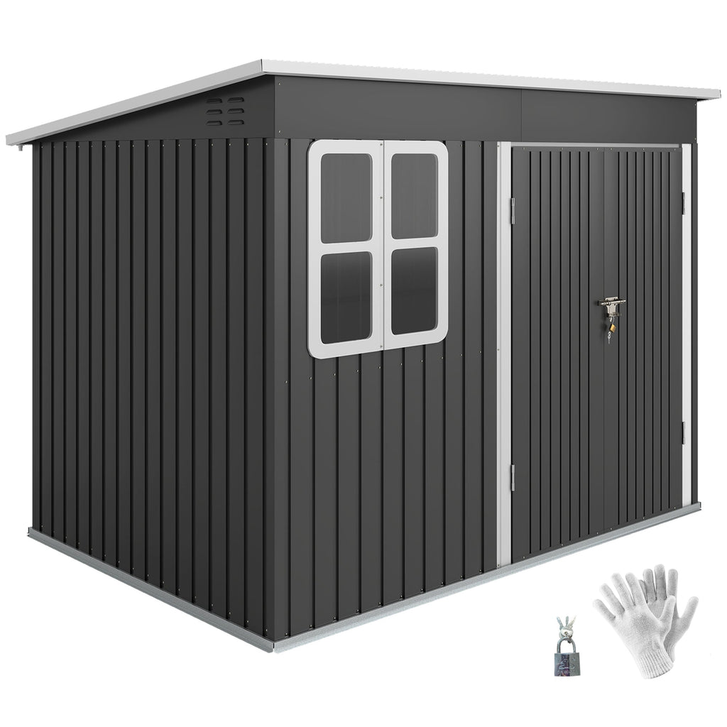 8.5' x 6' Galvanized Steel Outdoor Storage Shed with Window & Lockable Door, Dark Grey
