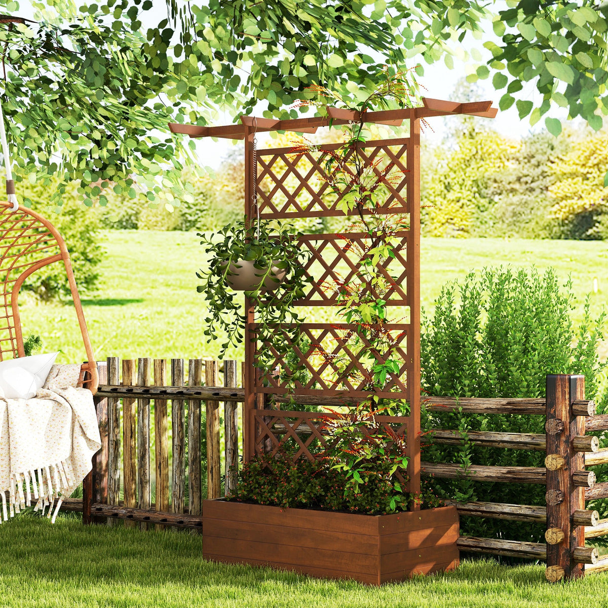 Wooden Raised Garden Bed with Trellis & Roof,63" x 21.7" x 72", Orange