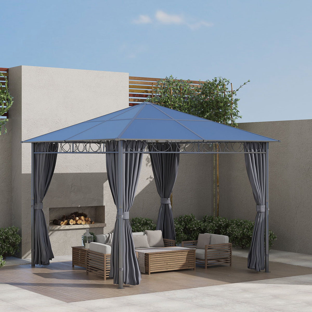 10' x 10' Polycarbonate Hardtop Gazebo Canopy with Aluminum Frame & Curtains, Dark Grey