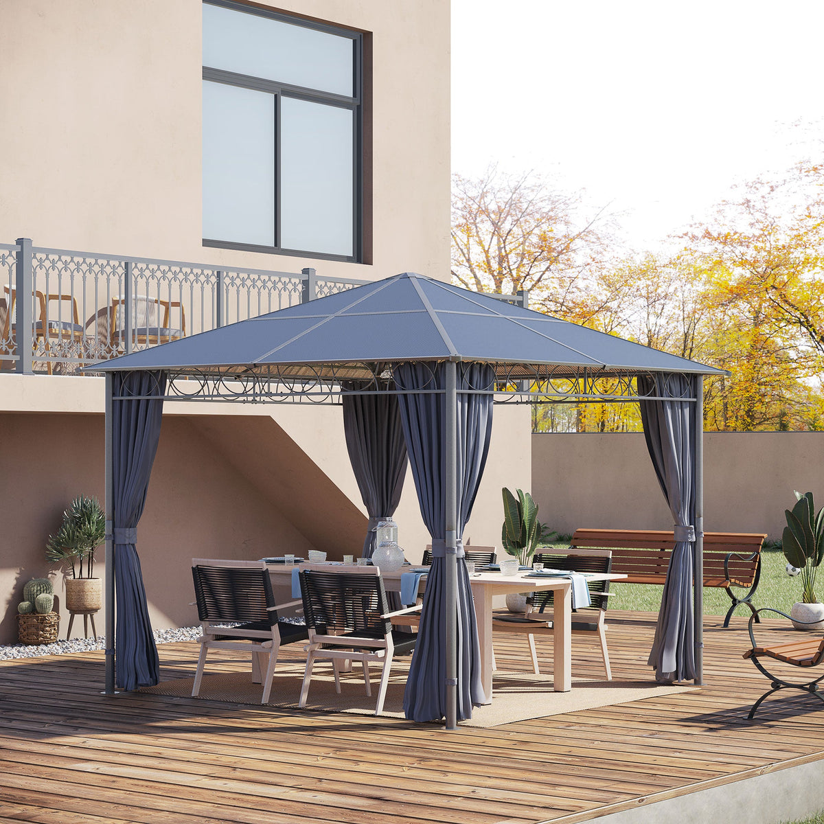 10' x 10' Polycarbonate Hardtop Gazebo Canopy with Aluminum Frame & Curtains, Dark Grey
