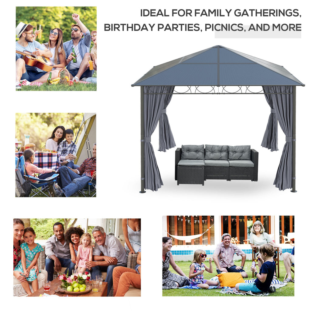 10' x 10' Polycarbonate Hardtop Gazebo Canopy with Aluminum Frame & Curtains, Dark Grey