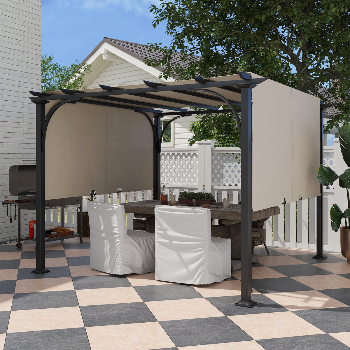 10' x 10' Outdoor Pergola Patio Gazebo Canopy Sun Shelter with Steel Frame, Beige