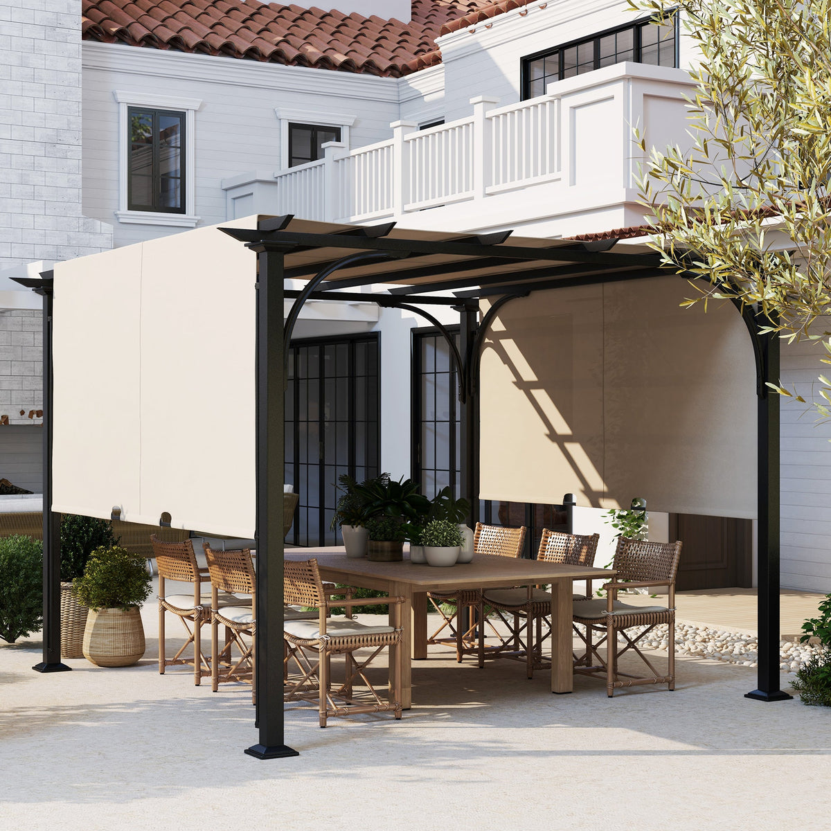 10' x 10' Outdoor Pergola Patio Gazebo Canopy Sun Shelter with Steel Frame, Beige