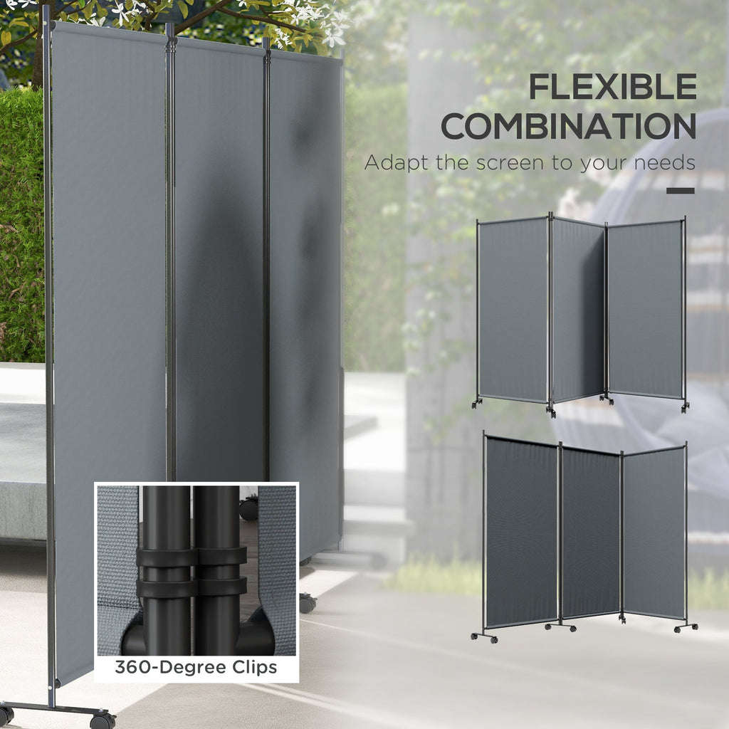 3 Panel Folding Room Divider w/ Lockable Wheels, 6ft Portable Privacy Panel, Dark Grey