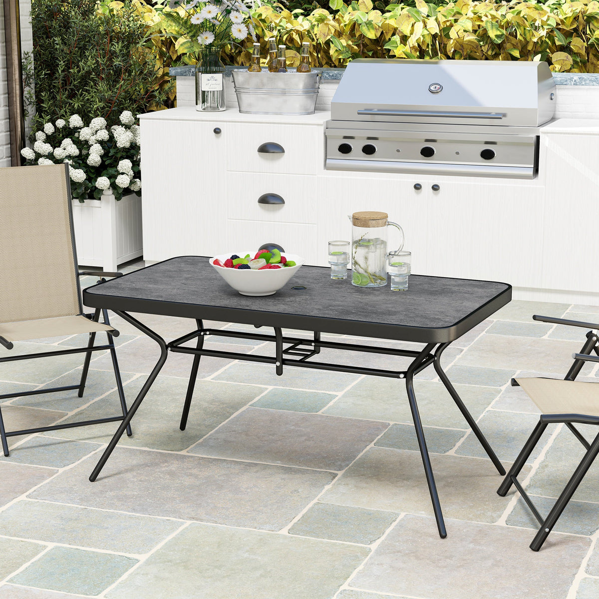Rectangle Outdoor Dining Table for 6, with 1.7" Umbrella Hole & Easy Clean Tabletop, Grey