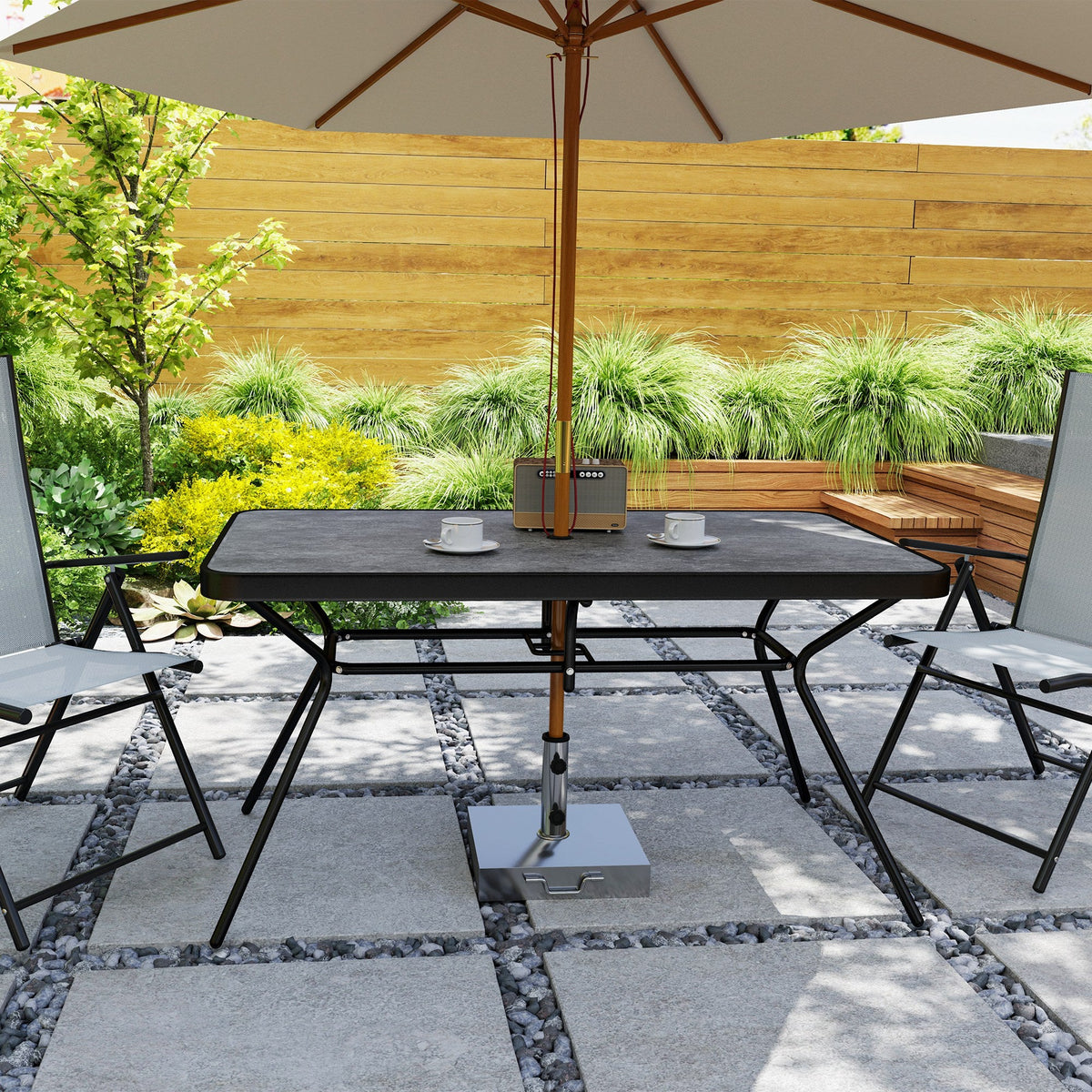Rectangle Outdoor Dining Table for 6, with 1.7" Umbrella Hole & Easy Clean Tabletop, Grey