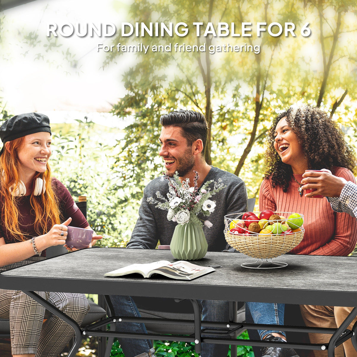 Rectangle Outdoor Dining Table for 6, with 1.7" Umbrella Hole & Easy Clean Tabletop, Grey