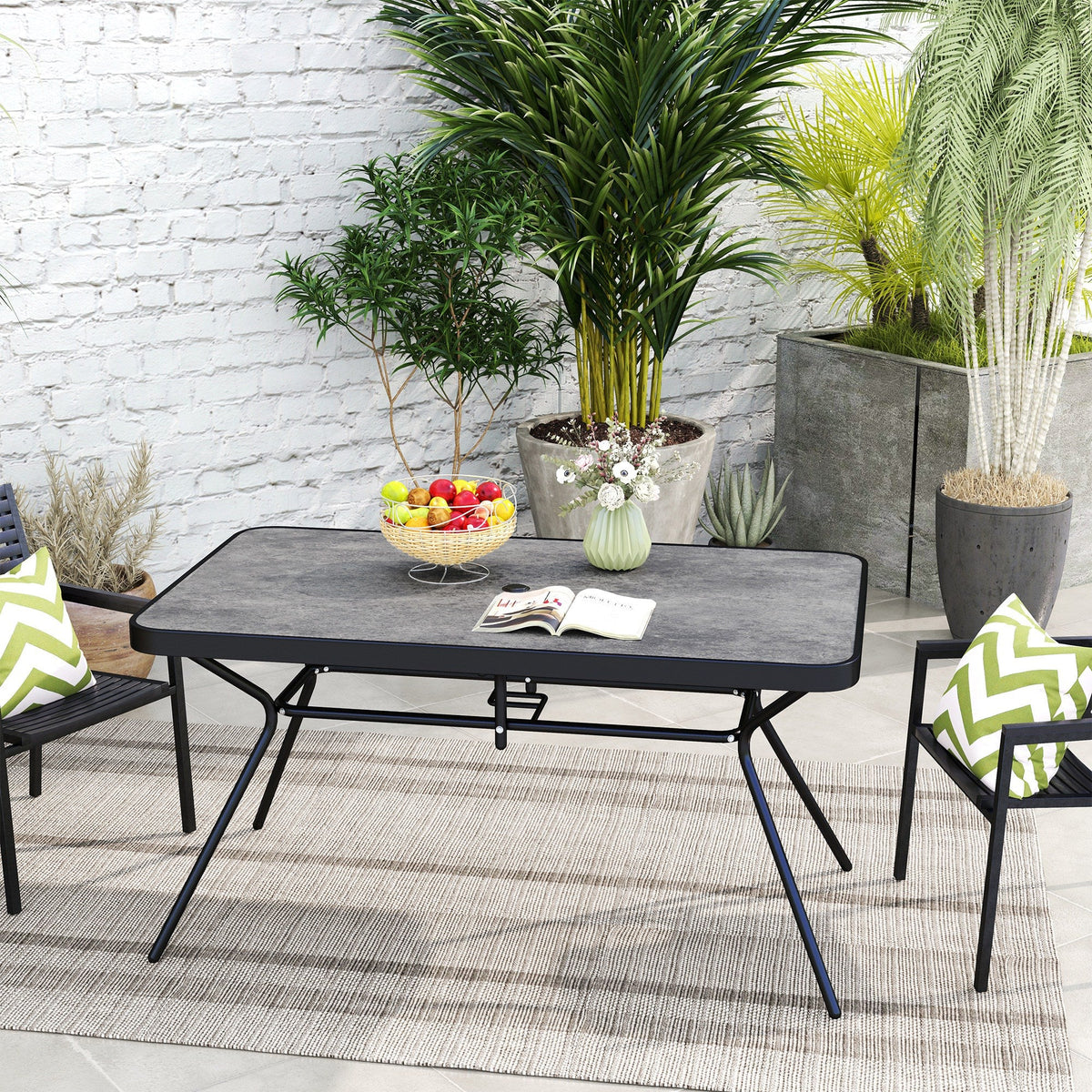Rectangle Outdoor Dining Table for 6, with 1.7" Umbrella Hole & Easy Clean Tabletop, Grey