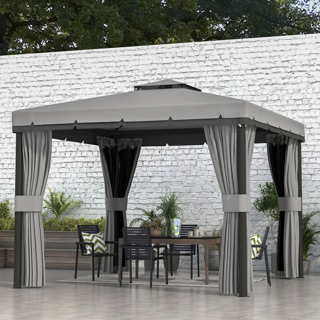 10' x 10' 2-Tier Gazebo with Zippered Mesh Walls & Aluminum Frame, Light Grey