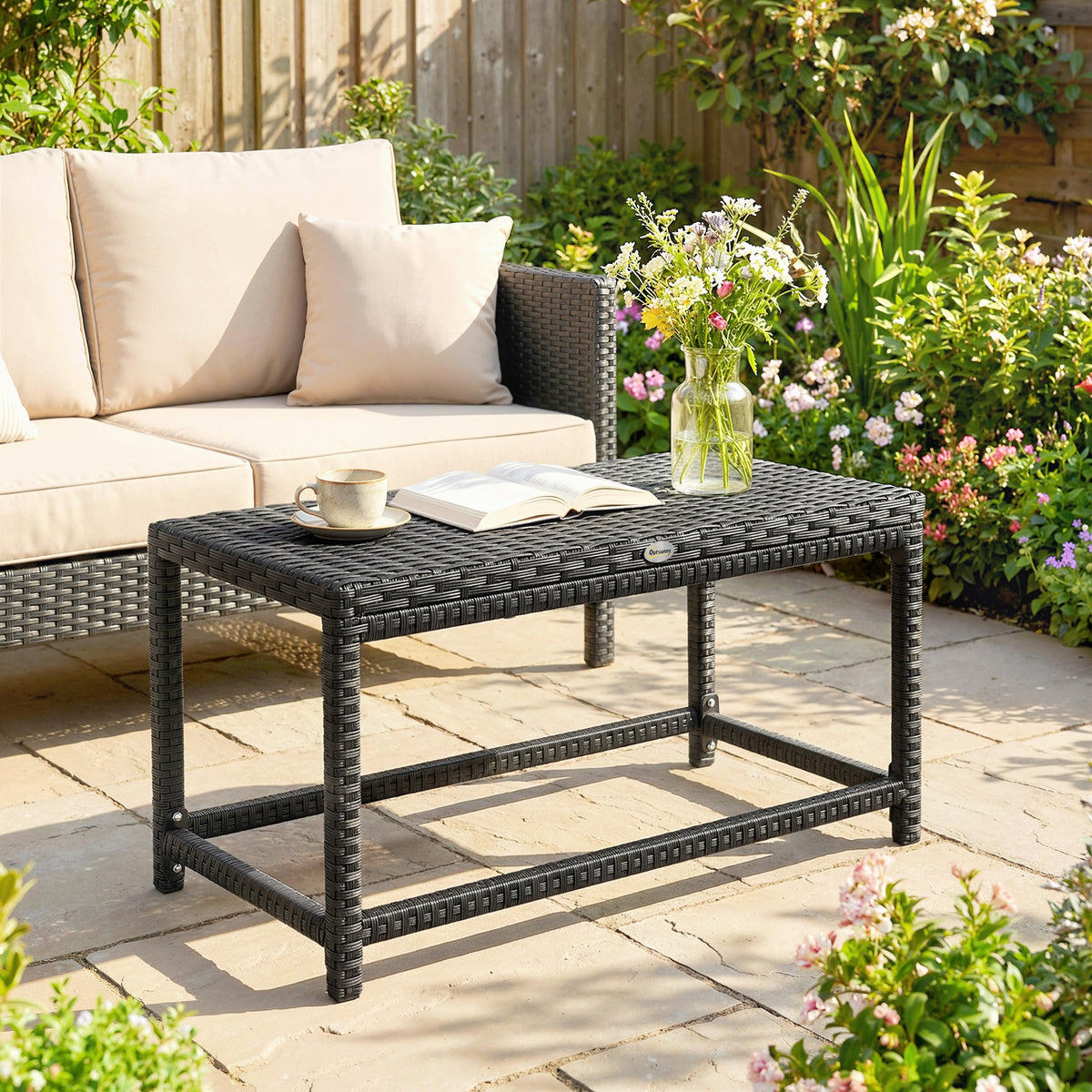 PE Rattan Outdoor Coffee Table with Rectangular Frame for Patio or Balcony, Black