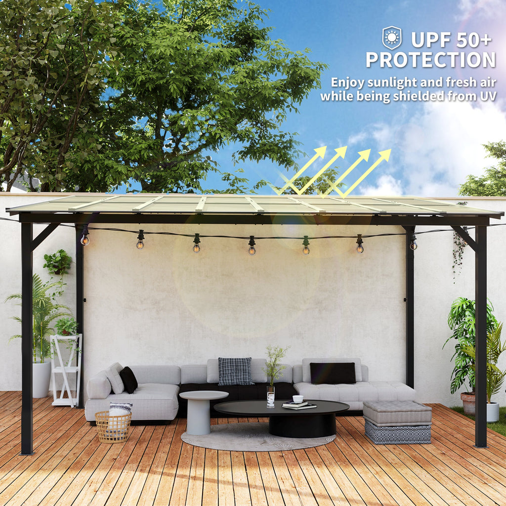 10' x 14' Wall-Mounted / Free Standing Outdoor Pergola with Polycarbonate Roof, Dark Grey